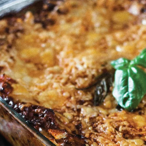 Close up image of Keto Lasagna served in deep dish