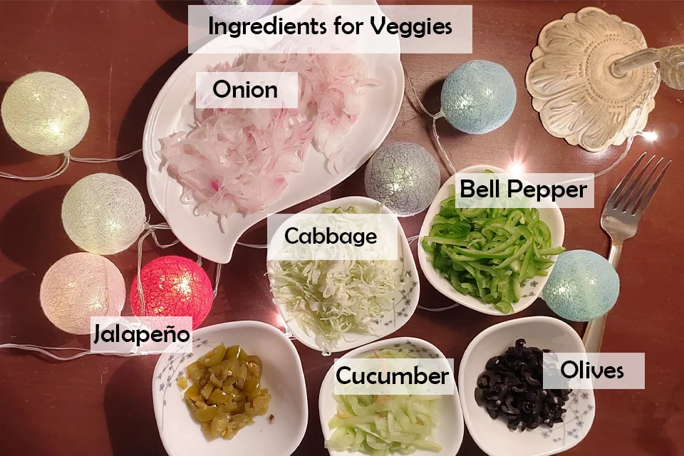 Ingredients For Veggiess Ingredients including all the Vegetables needed to make Tortilla Wrap