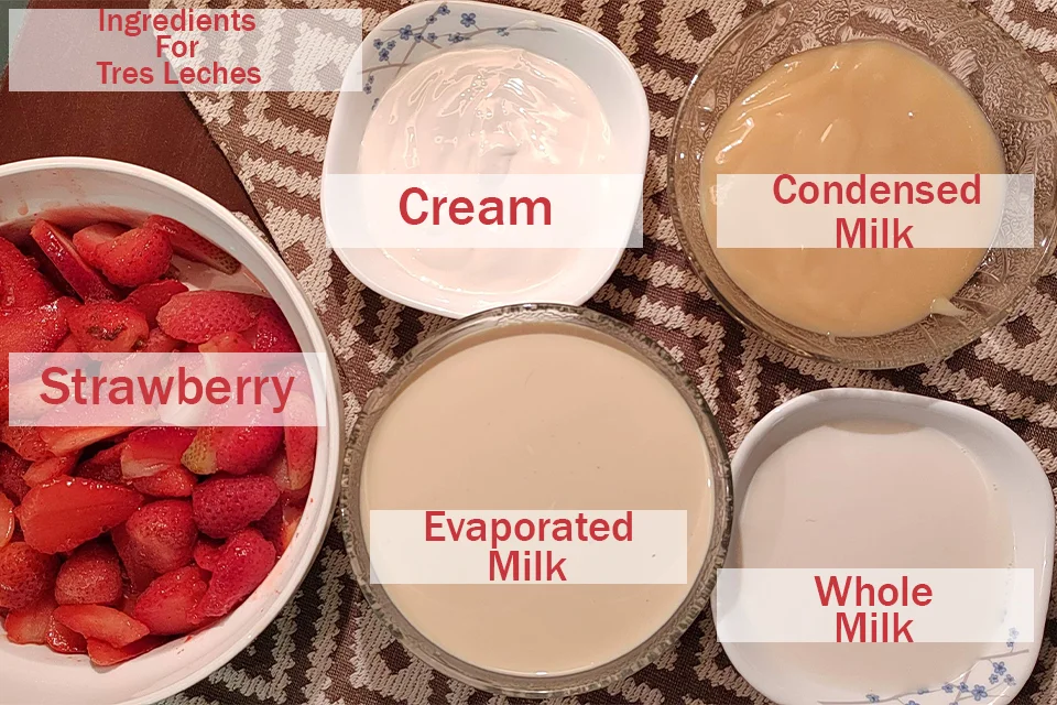 Ingredients for Strawberry Tres Leches Milk List of ingredients for Tres Leches milk