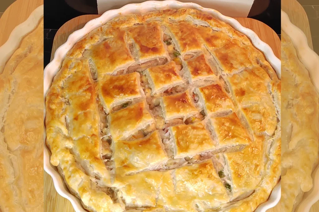 Top view of Flaky crispy and creamy puff pastry chicken pot pie