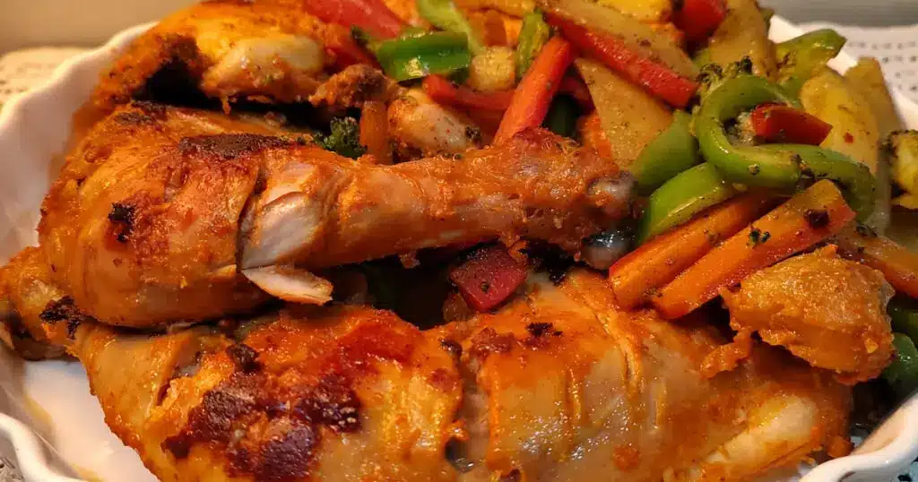 Smoked chicken with sautéed vegetables like carrot, capsicum, broccoli and potatoes.