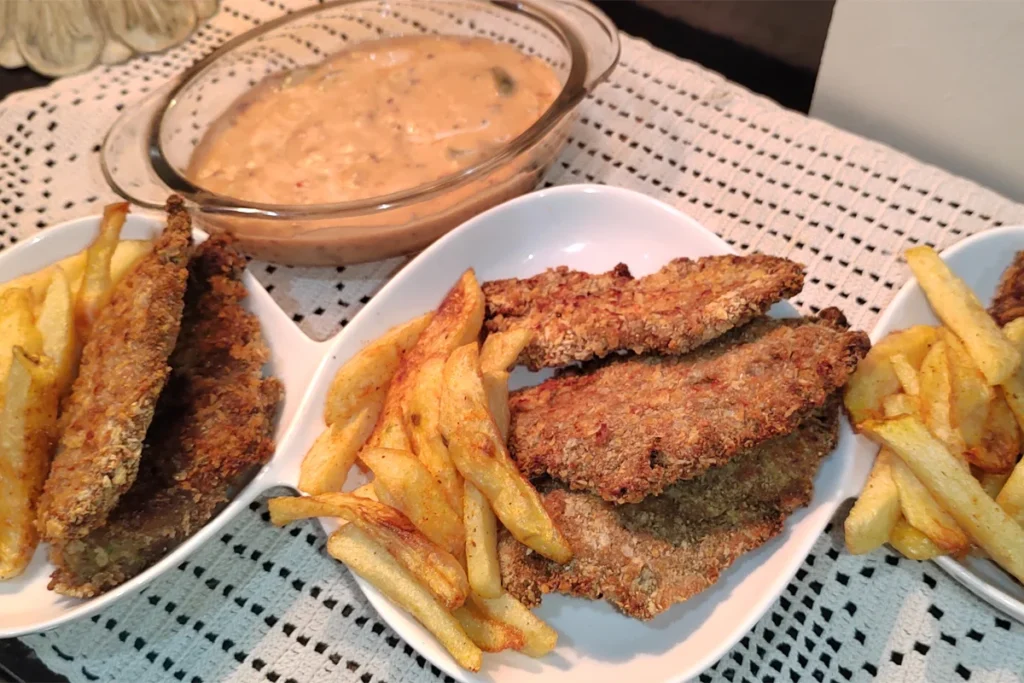 Air Fryer Fish and Chips served with spicy garlic mayo sauce