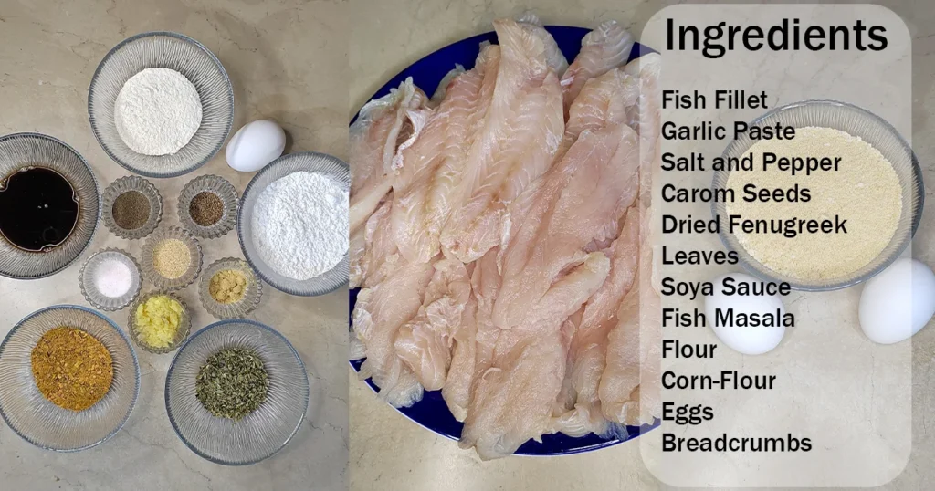 List of all the ingredients to make air fryer fish and chips
