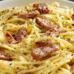 Close Up Image of Gluten Free Spaghetti Carbonara With Turkey Bacon Featured Image